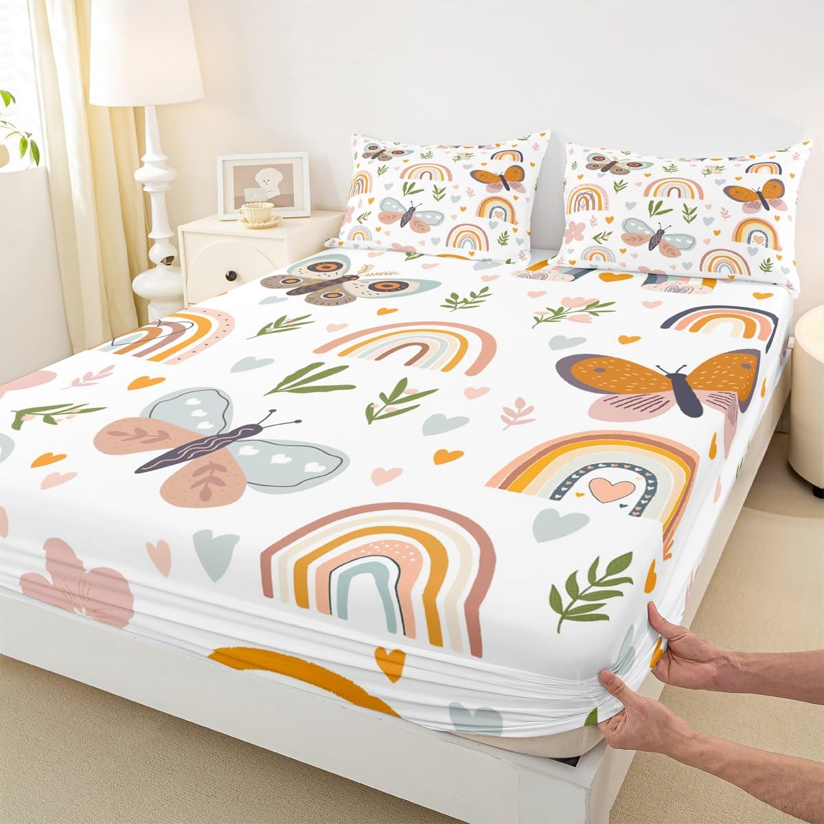 Boho Rainbow Sheet Set Twin Size Cute Butterfly Bedding Set 3Pcs for Kids Girls Boys Adult Room Decor Cartoon Love Heart Palm Leaves Bed Sheet Animals Botanical Fitted + Flat Sheet,1 Pillowcase