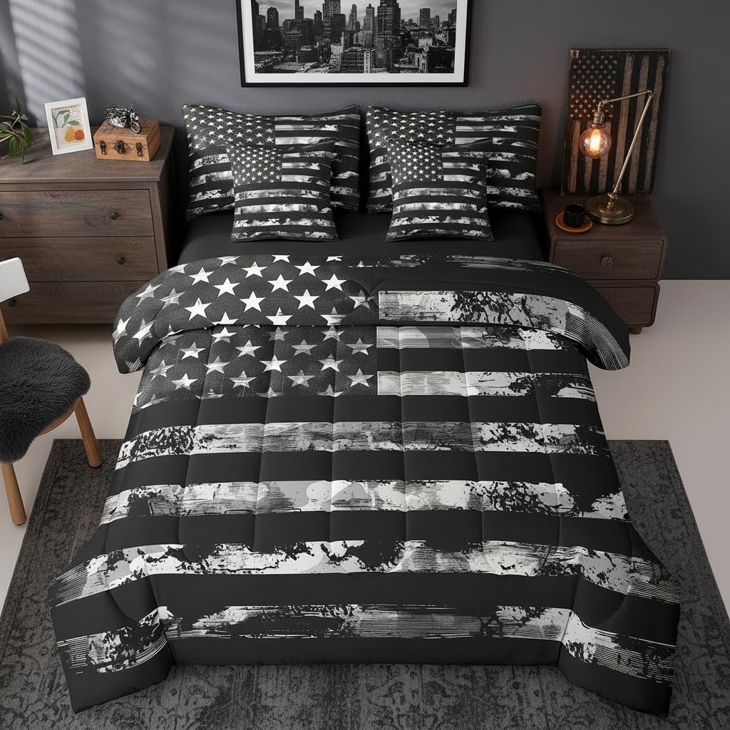 Erosebridal 7 Pcs Black Camo Comforter Set Twin Size,Camouflage American Flag Bed in a Bag with Flat Fitted Sheet for Kids and Adults,Retro USA Flag Bedding Set with Pillowcases and Cushion Cases