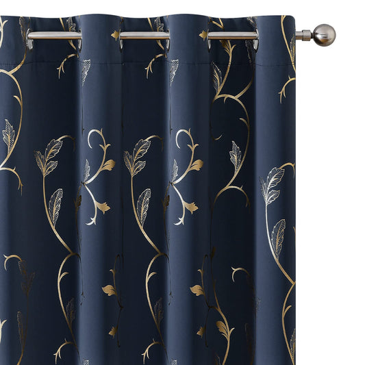 BUHUA Blackout Curtains Gold Foil Print Flower Vine Grommet Drapes, Room Darkening Thermal Insulated Curtains for Bedroom, Navy Blue, 52Wx96L, 2 Panels