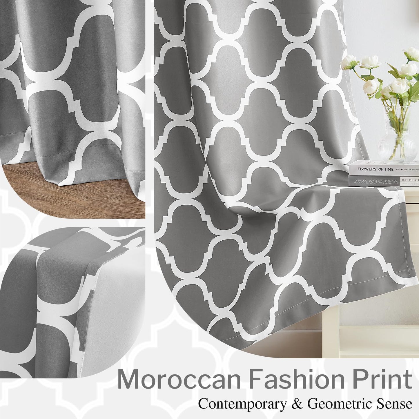 Melodieux Moroccan Printed Room Darkening Blackout Grommet Curtains for Living Room Bedroom, 52 by 84 Inch, Grey (2 Panels)