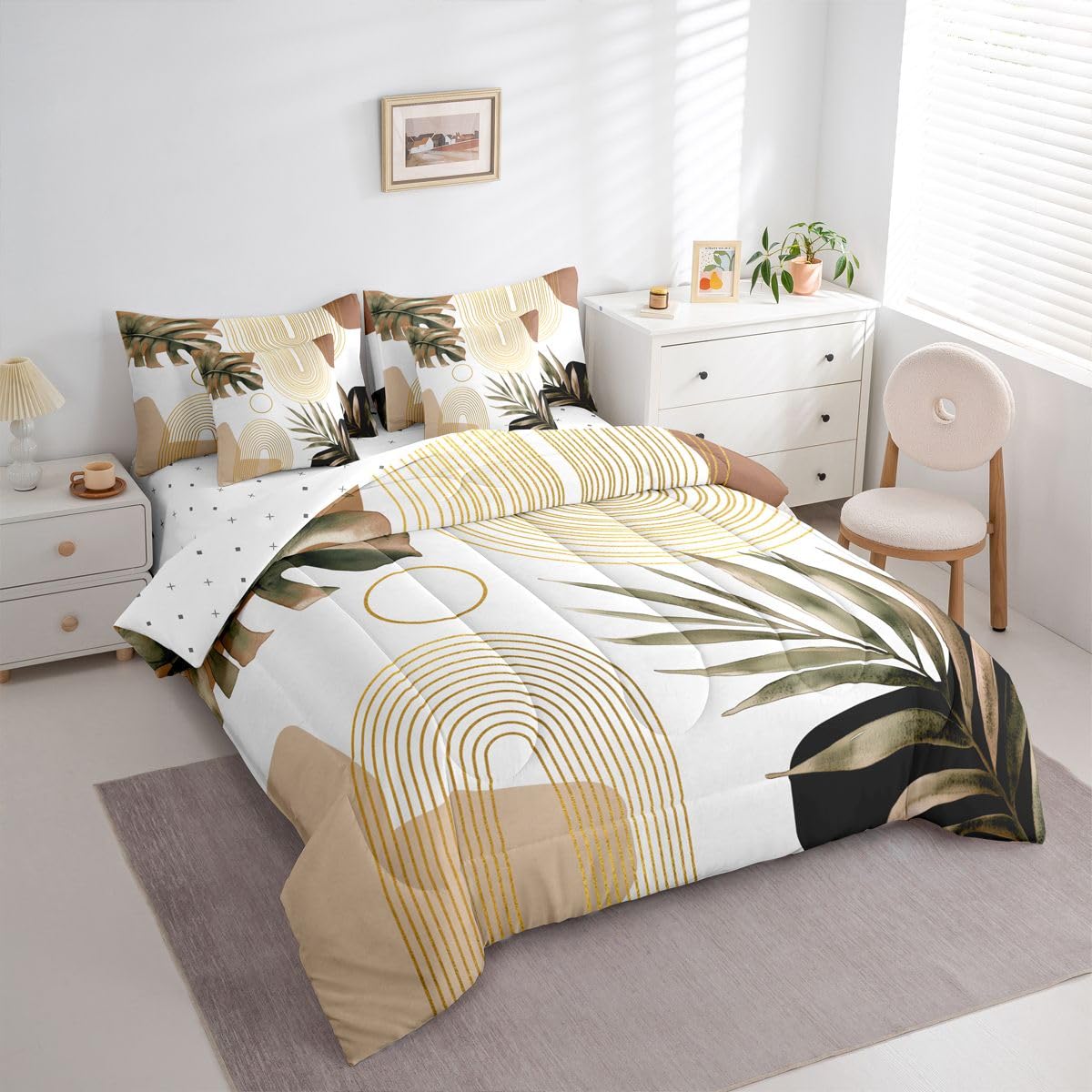 Erosebridal Boho Brown Full 7 Pcs Bedding Set, Abstract Bohemian Mid Century Aesthetic Comforter Set with Sheets, Modern Simple Minimalist Geometric Bed in A Bag, Plant Botanical Palm Leaf Bed Sets