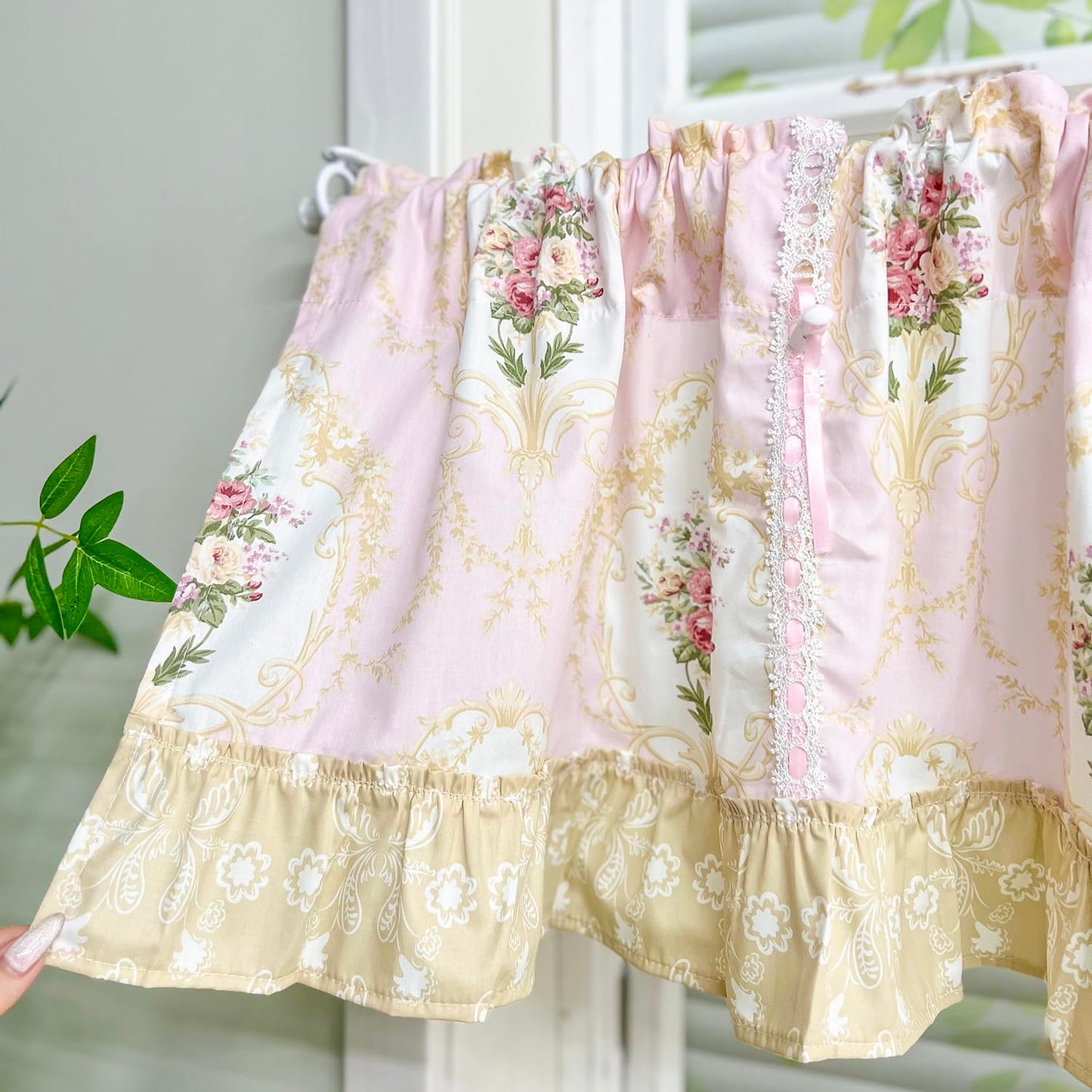 European Floral Tie Up Curtains for Kitchen Adjustable Balloon Shade Window Valance Elegant Cafe Bathroom Dining Room Window Drapes Rod Pocket 1 Panel (W59 X L16 INCH,Pink)