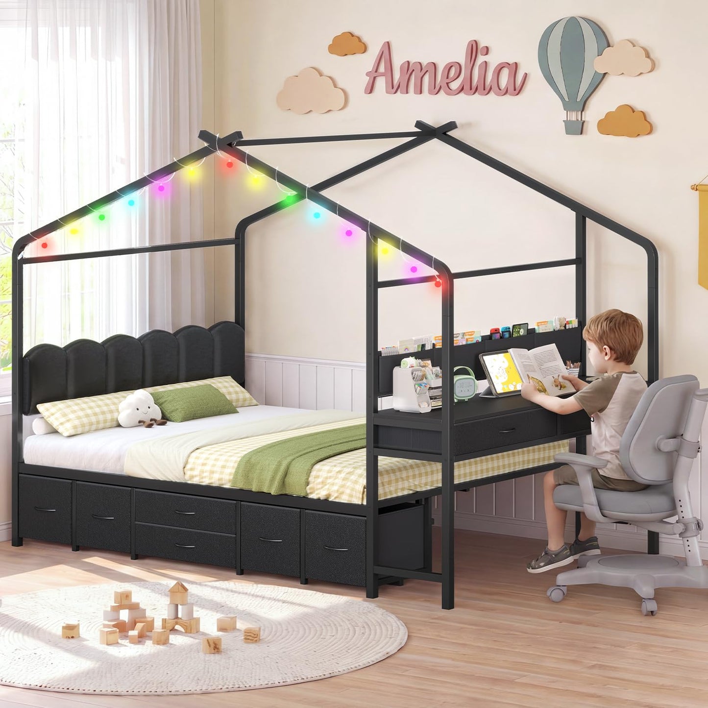 ADORNEVE House Bed with Desk,Full Kids Bed with Globe String Lights,Black