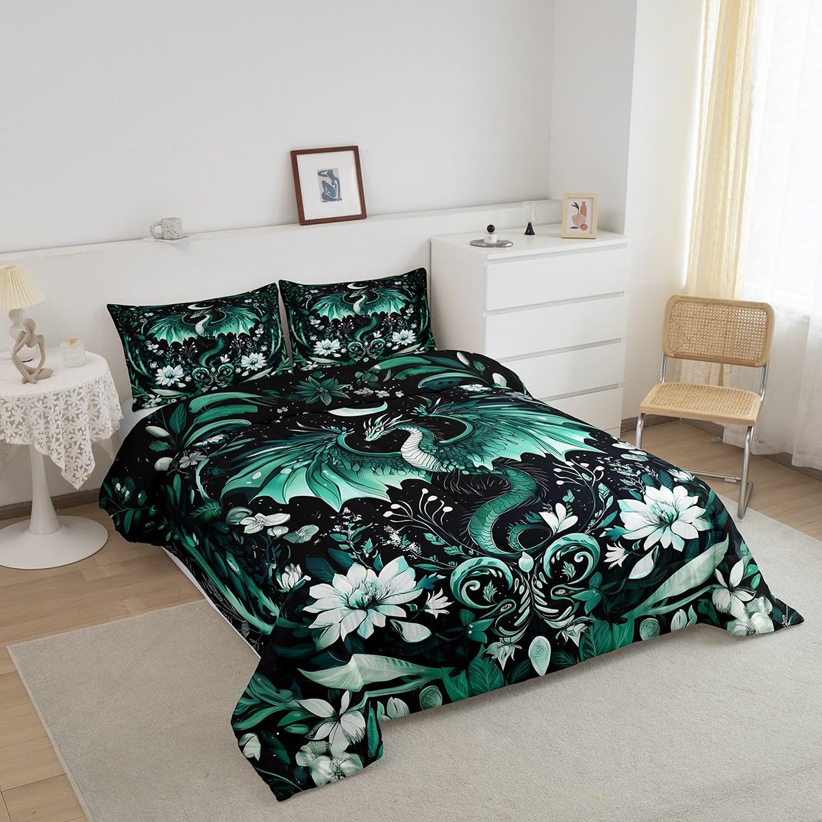Feelyou Kids Dragon Comforter Set Full Size, Green Dragon Bedding Set Dragon Lovers Comforter for Kids Boys Girls Boho Duvet Insert Room Decor 3Pcs