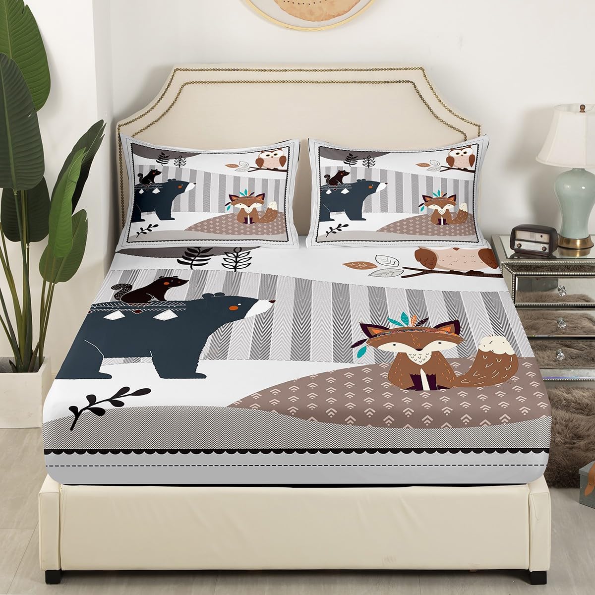 Kids Cartoon Animal Fitted Sheet King Size 4pcs,Cute Bear Owl Fox and Plant Bedroom Decor Bed Shee Set for Man,Exotic Indian Style Ultra Soft Bedding Set (1 Fitted,1 Flat,2 Pillows)