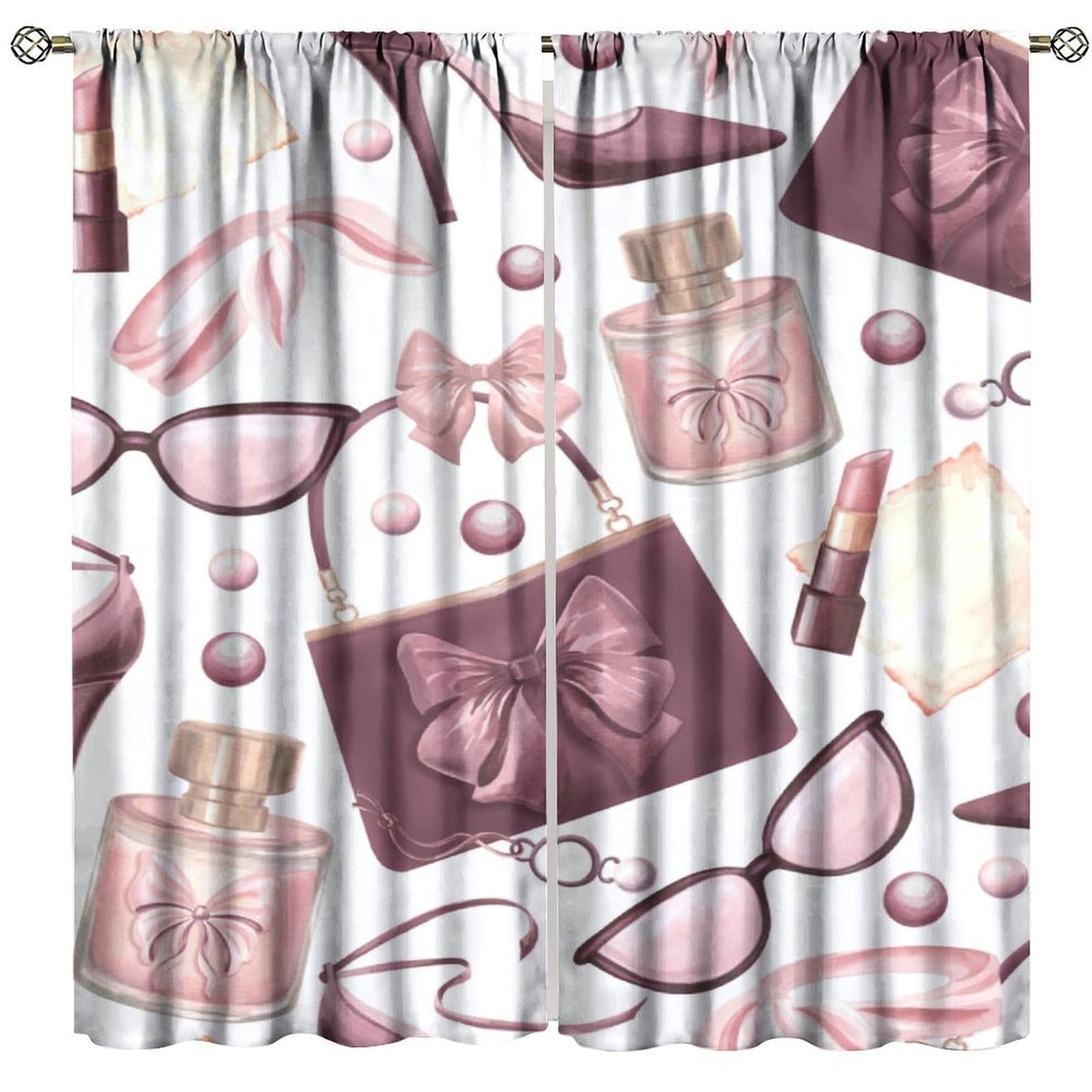 Fashion Girls Curtains Modern High Heels Pink Perfume Lipstick Sunglasses Bag Art Printed Rod Pocket Window Treatments For Women Teenage Living Room Bedroom 2 Panels Set 41x45 ln（No Blackout）