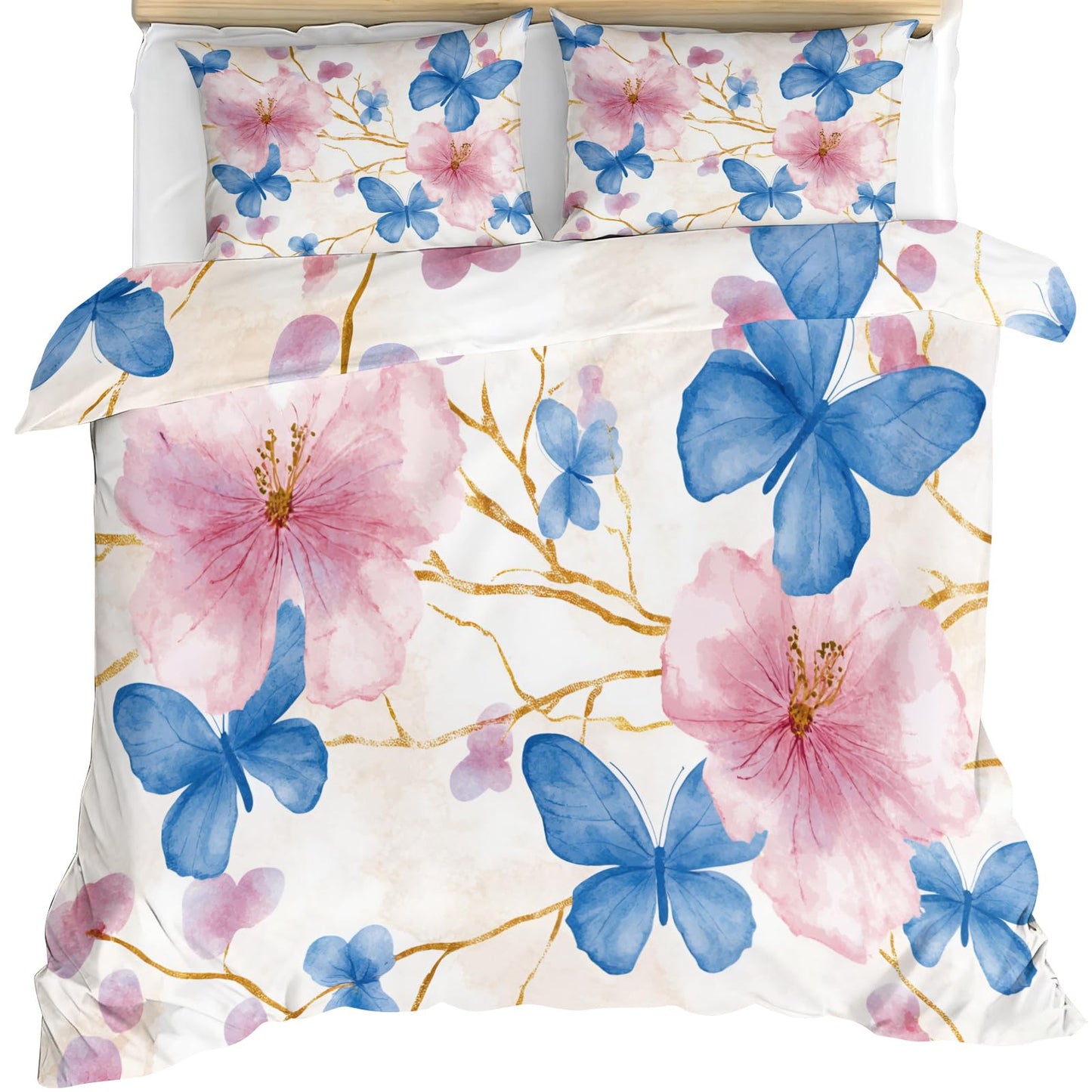 GKPLY Blue Butterfly Comforter Set, Watercolor Floral Duvet Cover King, Elegant Spring Bedding with 2 Pillowcases, Duvet Cover with Zipper, 3 Pieces, Reversible Cherry Branch Bedding Set