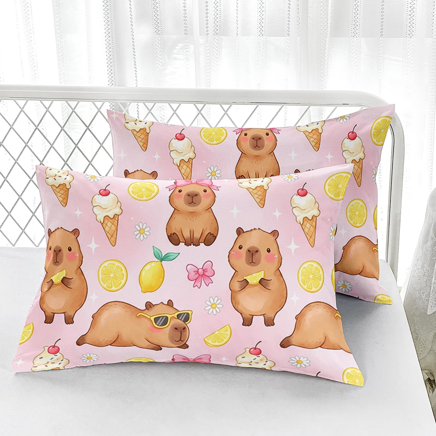 AILONEN 3 Piece Pink Capybara Twin Fitted Sheet Set, 1 Fitted Sheet + 2 Pillowcases, Lemon ice Cream Cartoon Print on Blush