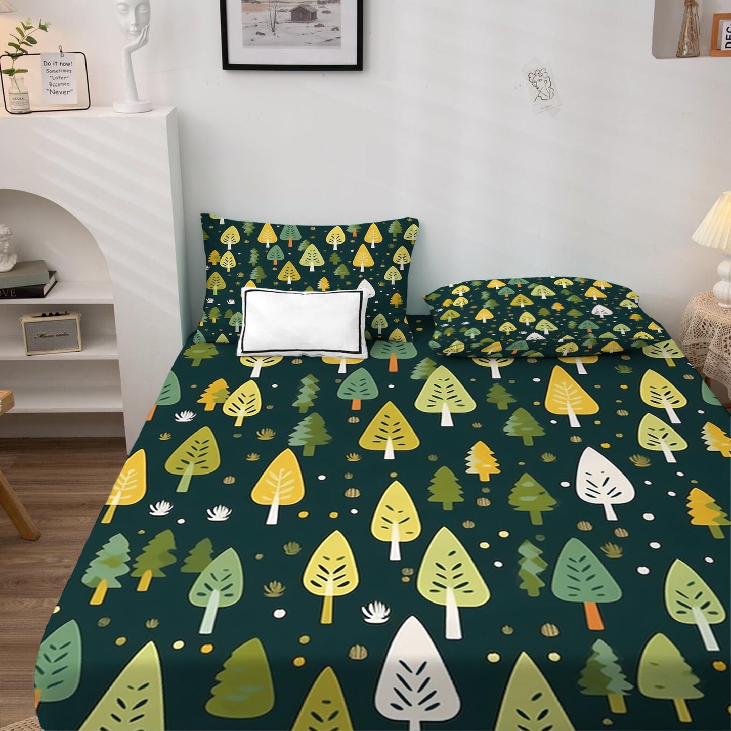 Forest Sheets Queen Size, Pine Tree Bed Sheets, Patterned Bedding Sheets & Pillowcases 4 Piece Set - Soft Microfiber Deep Pocket Fitted Sheet & Flat Sheet & 2 Pillow Cases M2-&-91