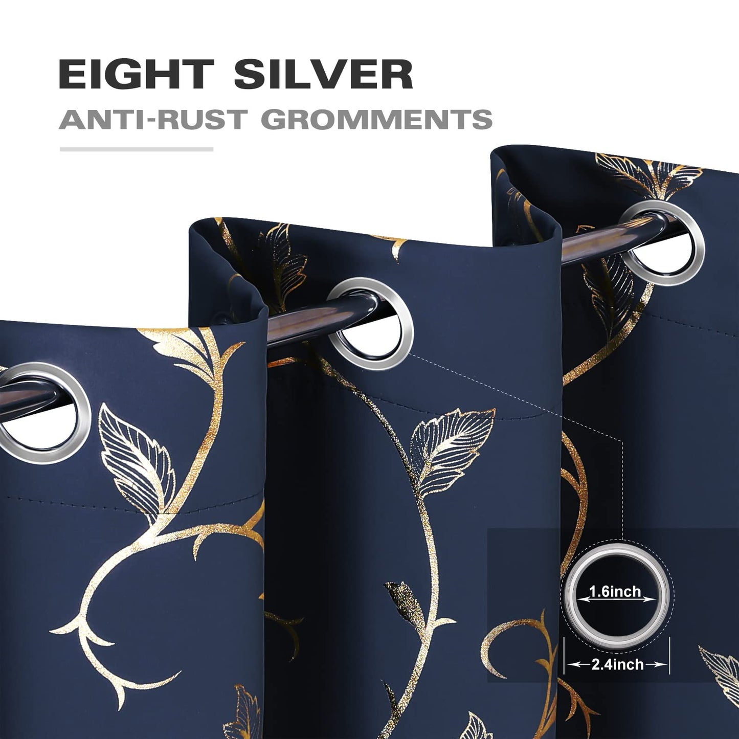 BUHUA Blackout Curtains Gold Foil Print Flower Vine Grommet Drapes, Room Darkening Thermal Insulated Curtains for Bedroom, Navy Blue, 52Wx96L, 2 Panels