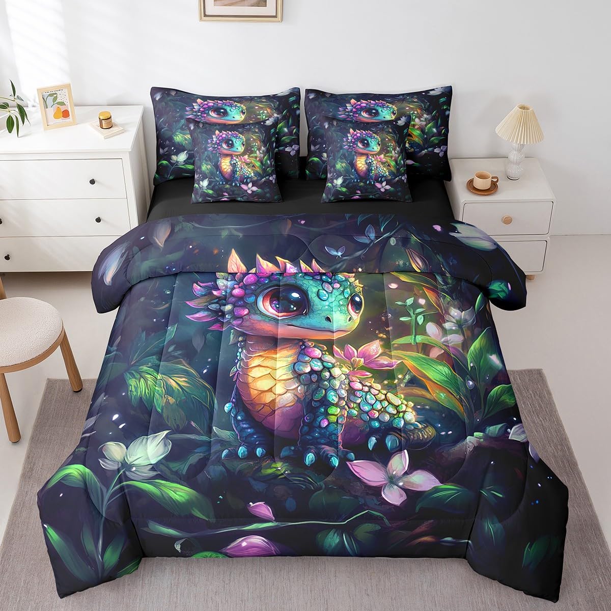 Feelyou Dragon Comforter Set with Sheets Twin Size Dragon Stuff Bed in a Bag for Boys Girls Teens Wild Life 7 Pieces Bedding Set Flower and Grass Bed Set Room Decor Balck Green