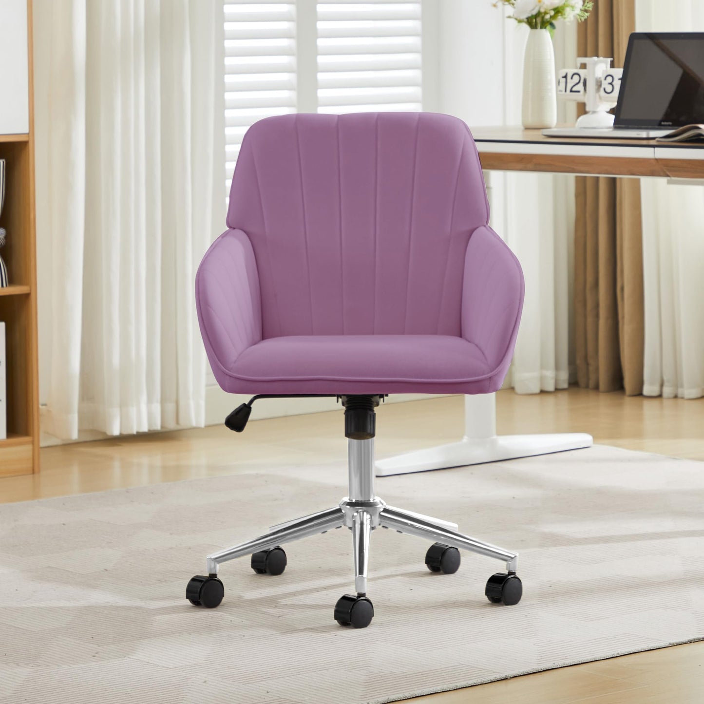 YITAI Velvet Office Desk Armchairs with Silver Base and Wheels,Modern Height Adjustable 360 Degree Swivel Upholstered Vanity Chairs for Living/Room Bedroom/Study,Light Purple