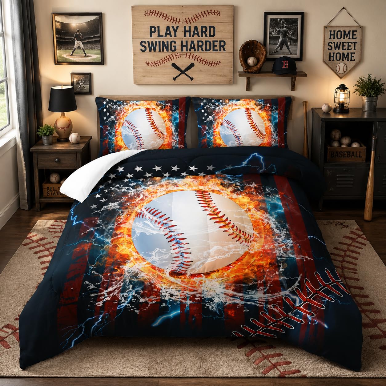 Nttopship Kids Baseball Comforter Sets King，Bedding Sets 3PCS for Kids,Sports Theme Bedding Sets Sets All Season 1 Comforter and 2 Pillowcases