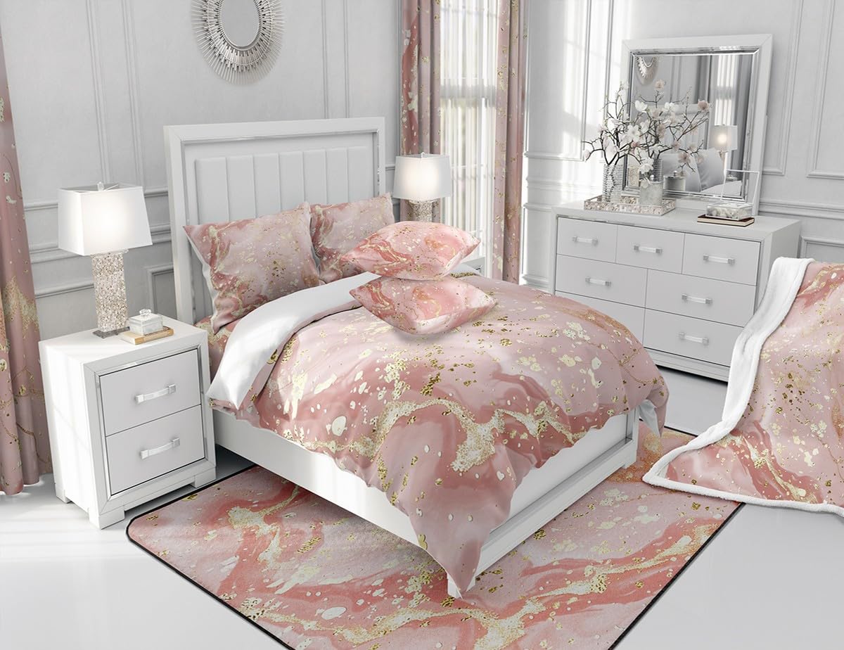 Manfei Marble Texture Fitted Sheet Pink Marble Pattern Golden Sequins Print Bedding 2pcs Microfiber Bed Sheet Set (1 Fitted Sheet + 1 Pillow Case) Twin Size