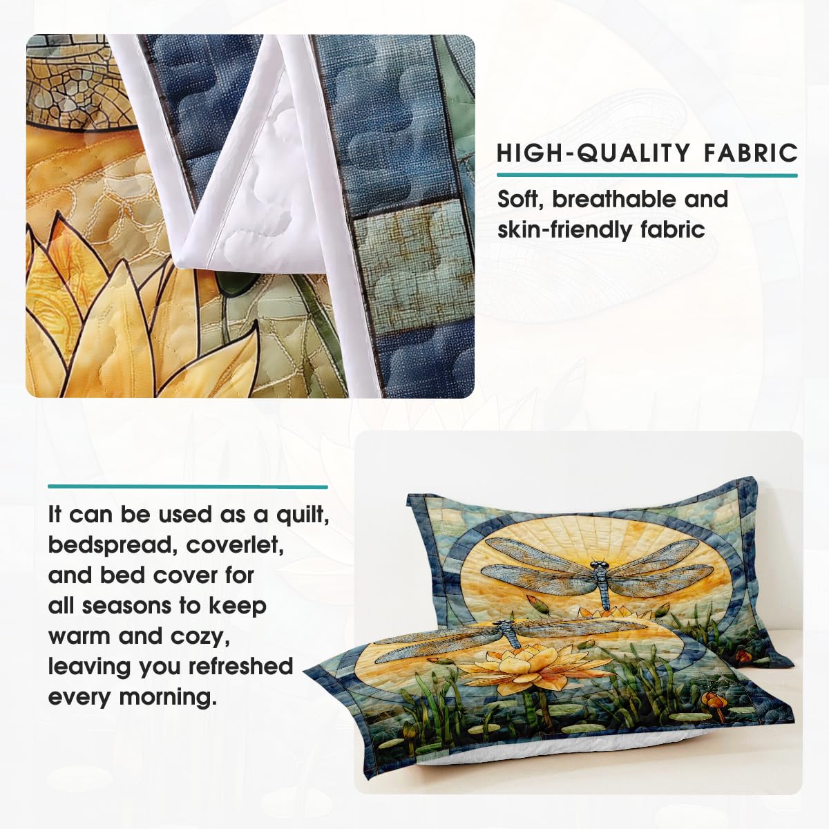 Jeminise Dragonfly Patchwork Pattern Quilt Set, Animal Style, Dragonfly Quilt Set Bedspread, Custom Patchwork Pattern Quilt Bedset, Cotton Bedding for Bedroom Girl Room