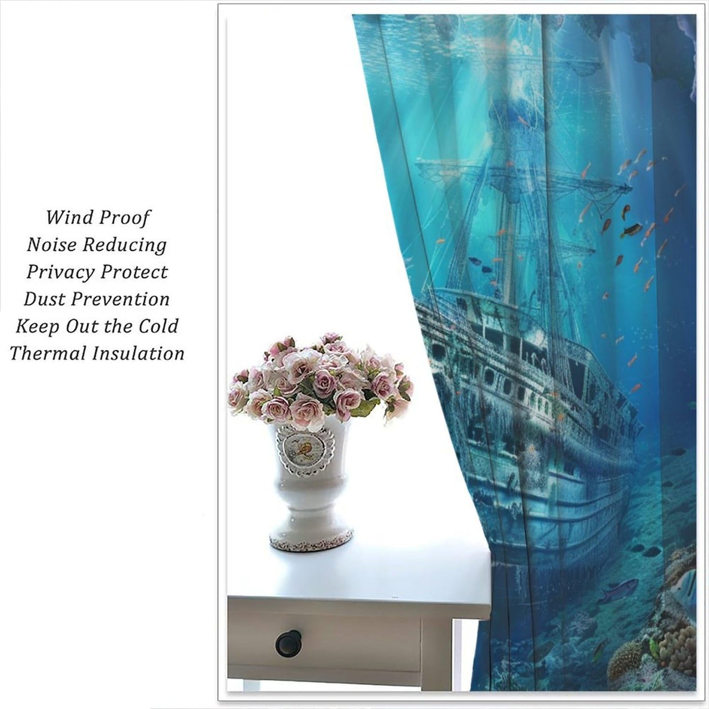 TOWINSFB Ocean Coral Sunken Ship Blackout Curtains for Living Room Bedroom, Retro Undersea World Shipwreck Window Curtains Rod Pocket Thermal Insulated Window Drapes, 2 Panels, Each 21W x 45L