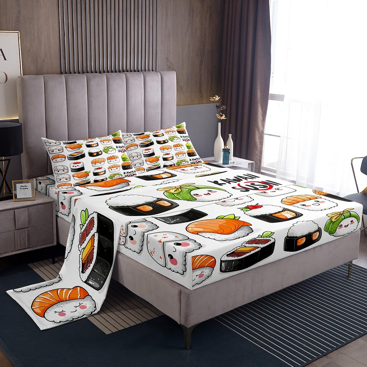 Erosebridal Sushi Fitted Sheet Kawaii Bed Sheet Set Full Size,Japanese Style Bedding Set 4 Piece(1 Fitted Sheet,1 Funny Japan Food Flat Sheet,2 Pillowcases) for Kids Child Novelty White Bedroom Decor
