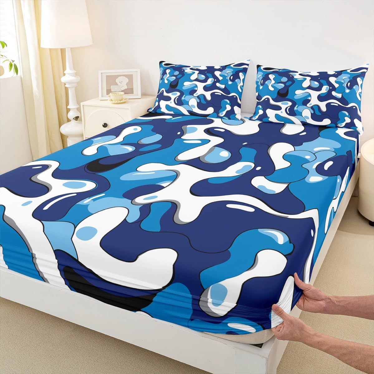 jejeloiu Camo Fitted Sheet with 1 Pillowcase Twin Size Military Style Bed Sheets Set 16" Deep Pocket Boys Girls Blue Bedding Camouflage Teens Bedroom Decor Breathable Lightweight Microfiber