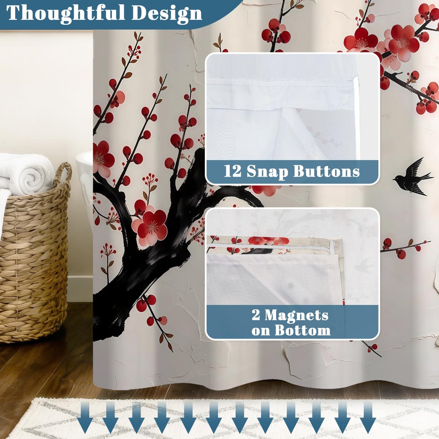 Xiazhilaio Plum Blossom Shower Curtain with Snap in Liner, 71x74 Inch