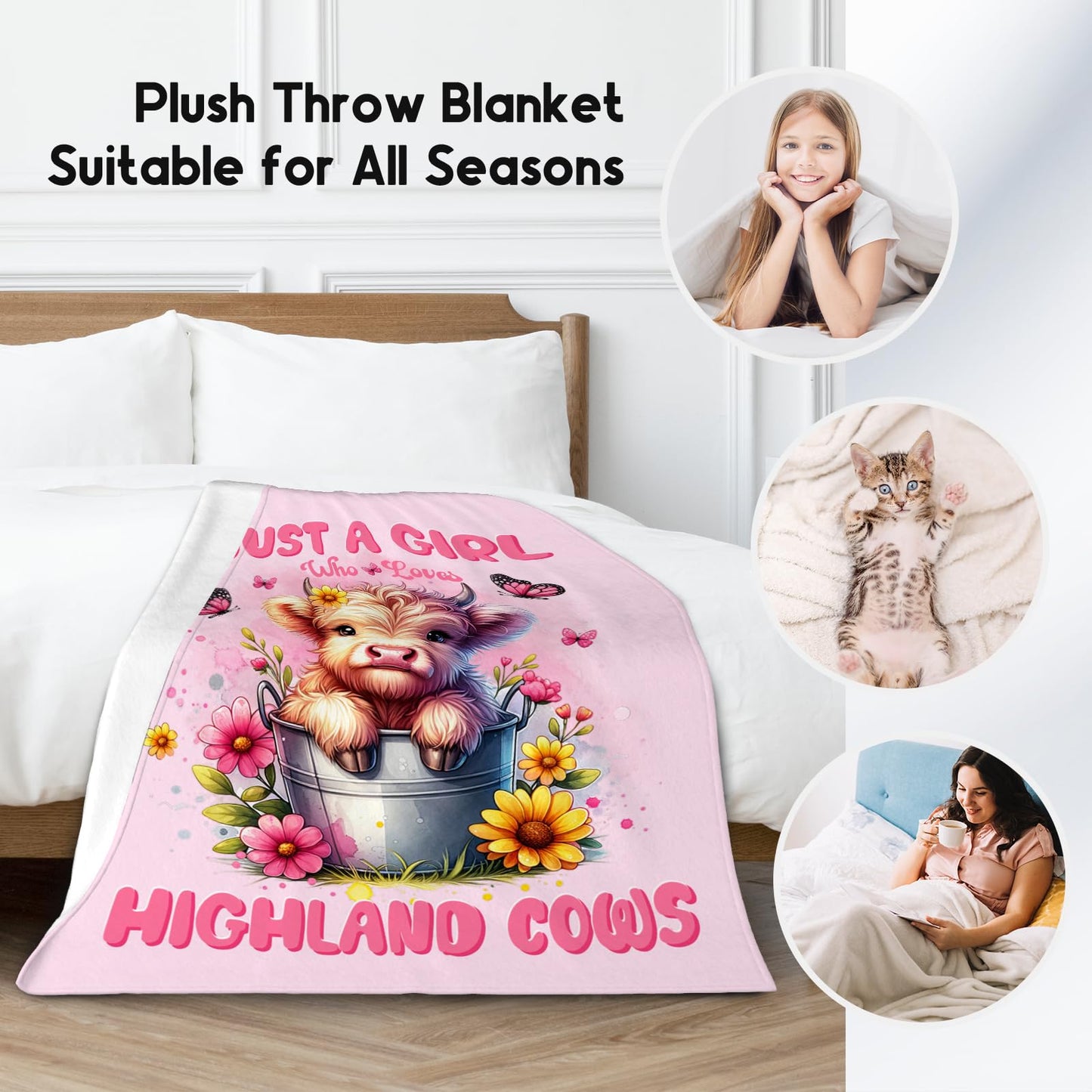 Highland Cow Throw Blanket, Cozy Soft Throw Gifts for Kids, Cute Pink Flannel Throw Blankets for Couch Office, 30x40 Inches