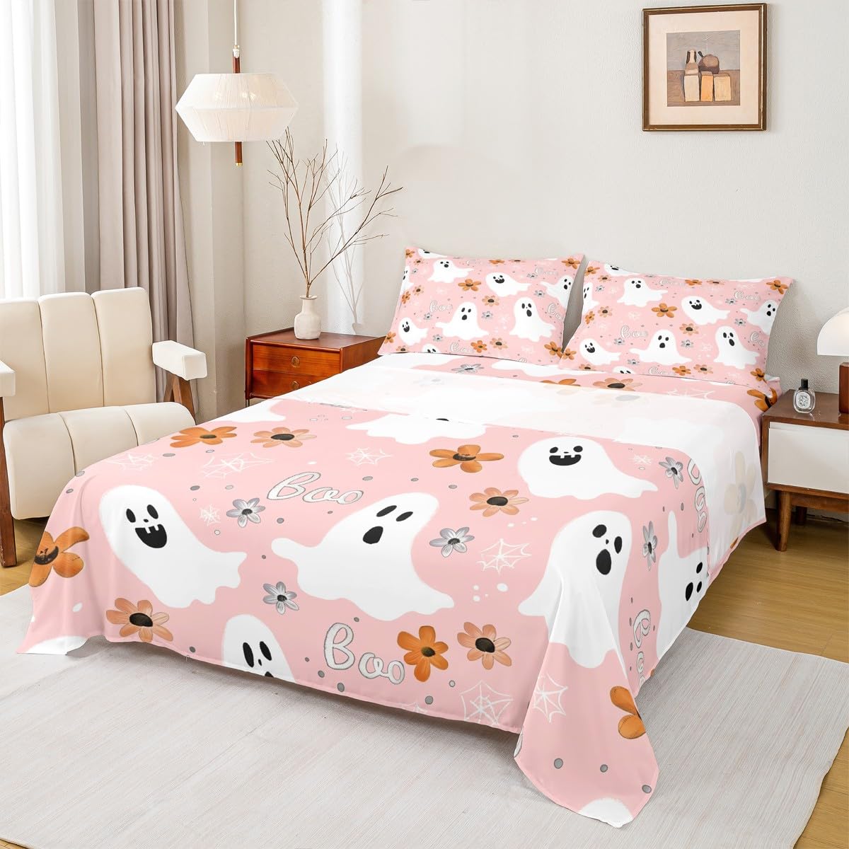 jejeloiu Halloween Decor Bed Sheets Set Queen Size Cartoon Ghost Deep Pocket Fitted Sheet Spider Web Bedding Sets Spooky Halloween Pattern Soft Bed Set 4Pcs with 2 Pillow Cases