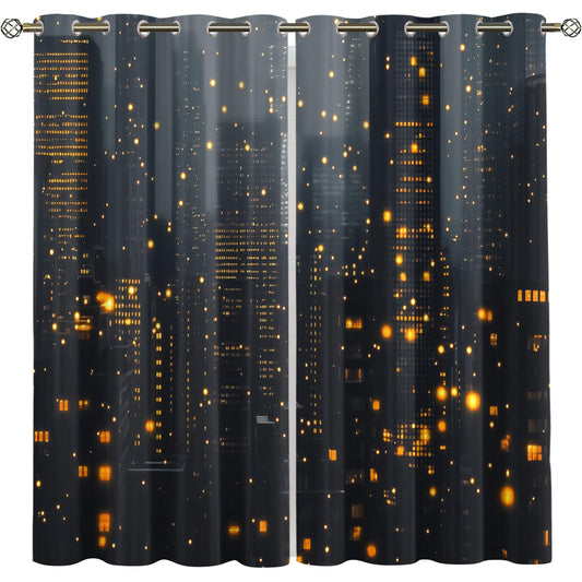 XAFIAUR Cityscape at Night Blackout Curtains, City Buildings Printed Drapes, Orange Lights Thermal Insulated Drapes 2 Panels Darkening Window Curtain for Bedroom Living Room 31.5" W x 45" L x2