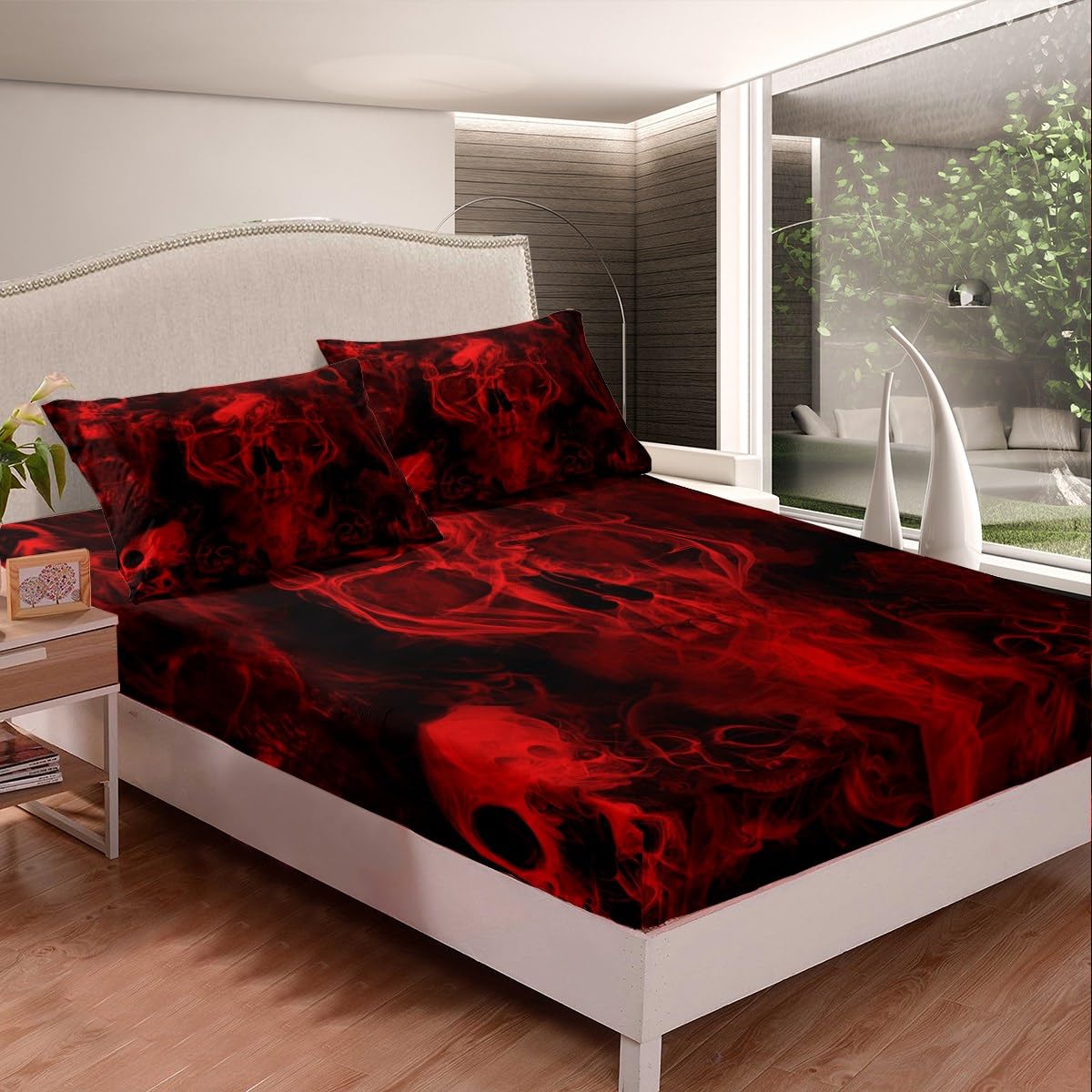 Gothic Skull Bed Sheets Red and Black Skeleton Sheet Set King for Boys Teens Men Women,Psychedelic Goth Skull Bedding Set Trippy Smoke Halloween Fitted Sheet + Horror Flat Sheet + 2 Pillow Cases