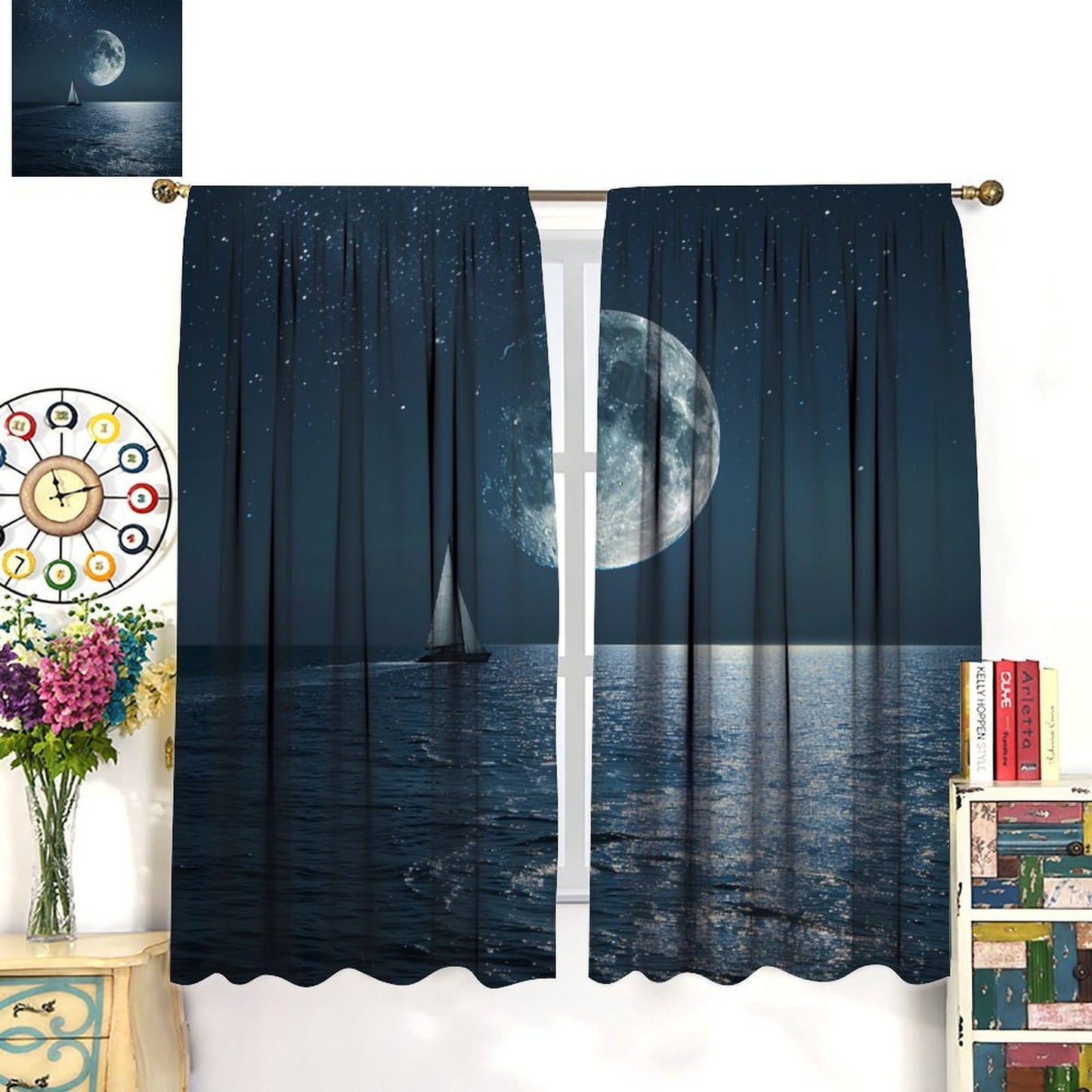 TOWINSFB Modern Sailboat Star Moon Blackout Curtains for Living Room Bedroom, Seaside Nature Ocean Window Curtains Rod Pocket Thermal Insulated Window Drapes, 2 Panels, Each 21" W x 63" L