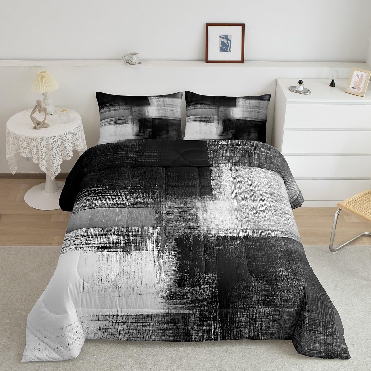 Feelyou Gray Abstract Art Comforter Set for Kids Boys Girls Modern Art Bedding Set Queen Size Abstract Oil Painting Duvet Quilt Geometric Bedroom Decor Breathable Soft Lightweight Microfiber 3Pcs