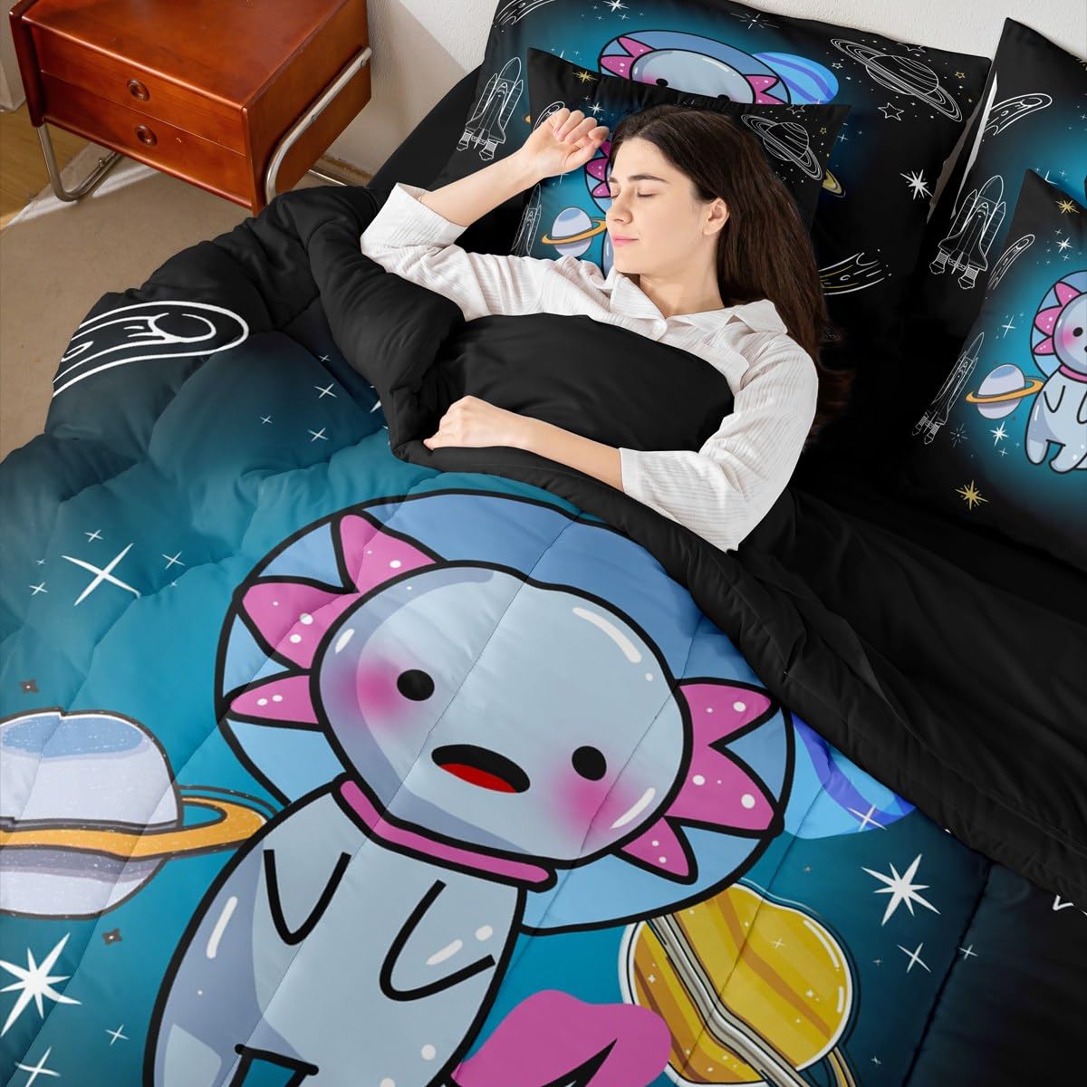 Erosebridal Space 7 Piece Bedding Set King Salamander Comforter Set with Sheets Axolotl Planet Rocket Meteor Helmet Bed in a Bag Stars Print Cute Cartoon Animal for Kids Boys Girls