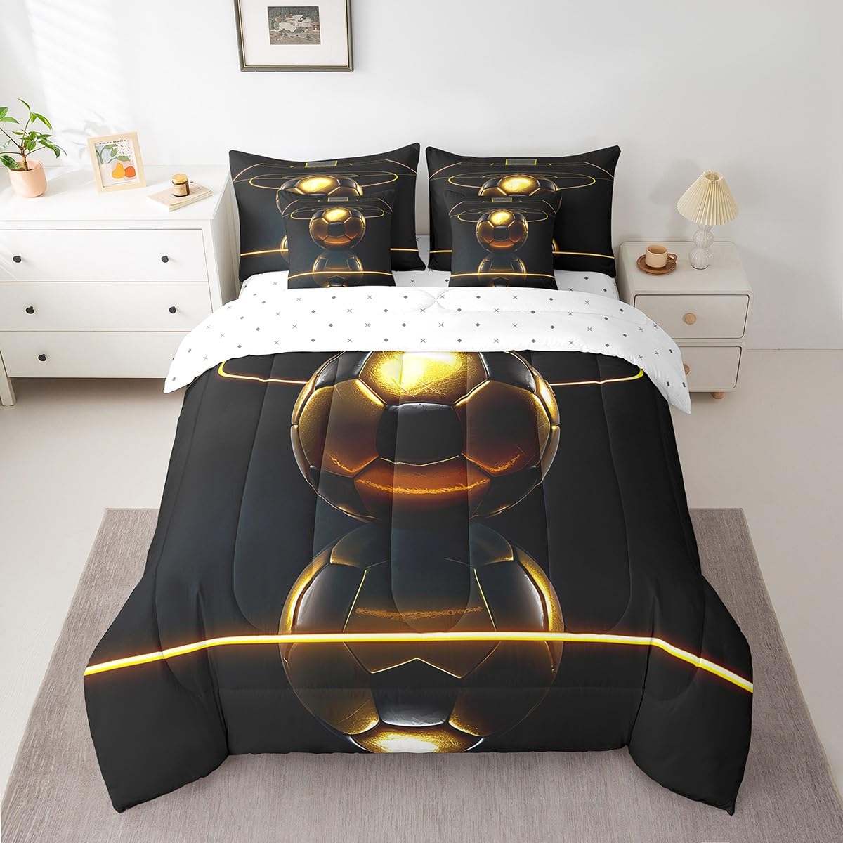 Feelyou Football Comforter Set 7 Piece Kids Luxury Black Golden Soccer Ball Bedding Full Comforter Set Boys Girls Football Sport Arena Bedding Set Bedding Full Comforter Set Bed Set Full Size Boys