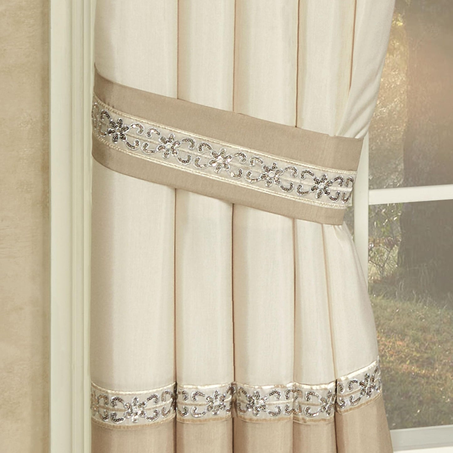 Luxury Elegante Sophisticated Polyester Faux Silk Window Treatment | Light Cream Ivory Metallic Gold | Sequins Embroidery Floral | 3 Piece Set with Ascot Valance and Swag Pair and 84L Curtain Pair