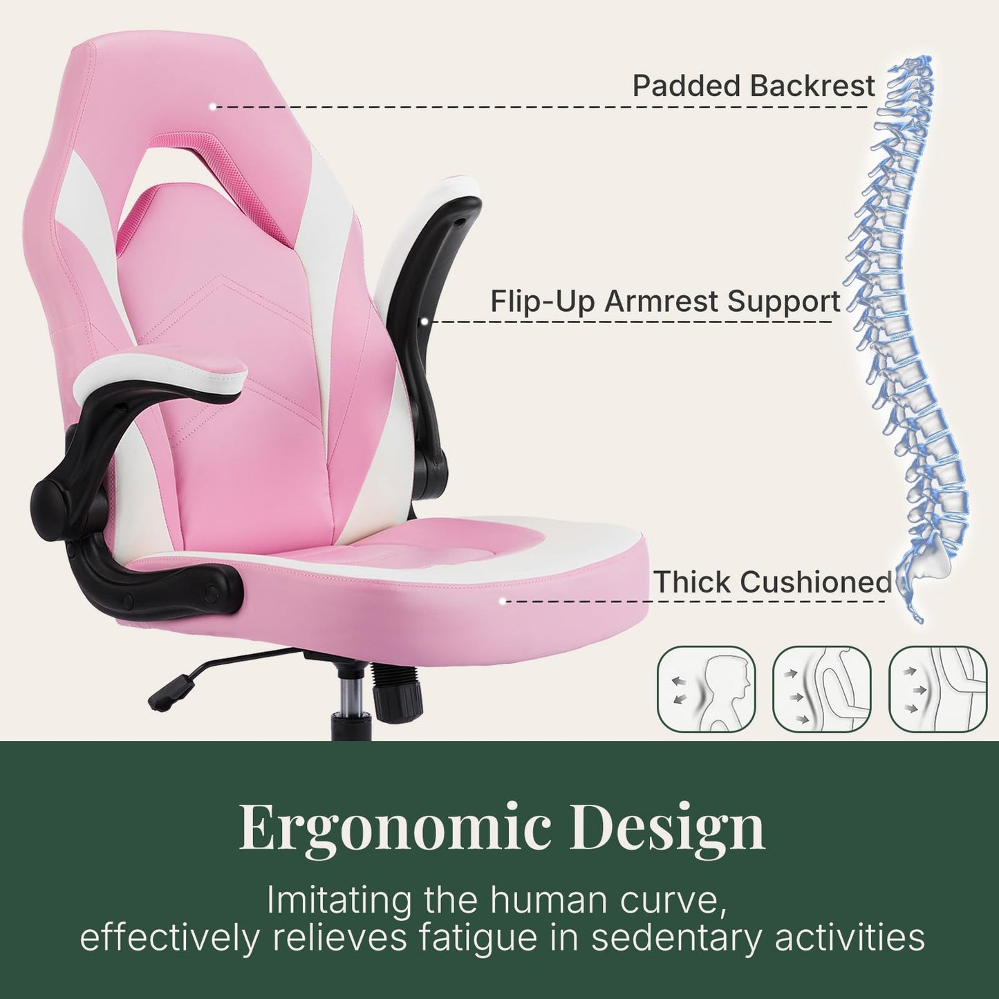 HAPPYMONT Ergonomic Computer Gaming Chair - Home Office Desk with PU Leather Lumbar Support, Height Adjustable Big and Tall Video Game with Flip-up Armrest, Swivel Wheels for Adults,White and Pink