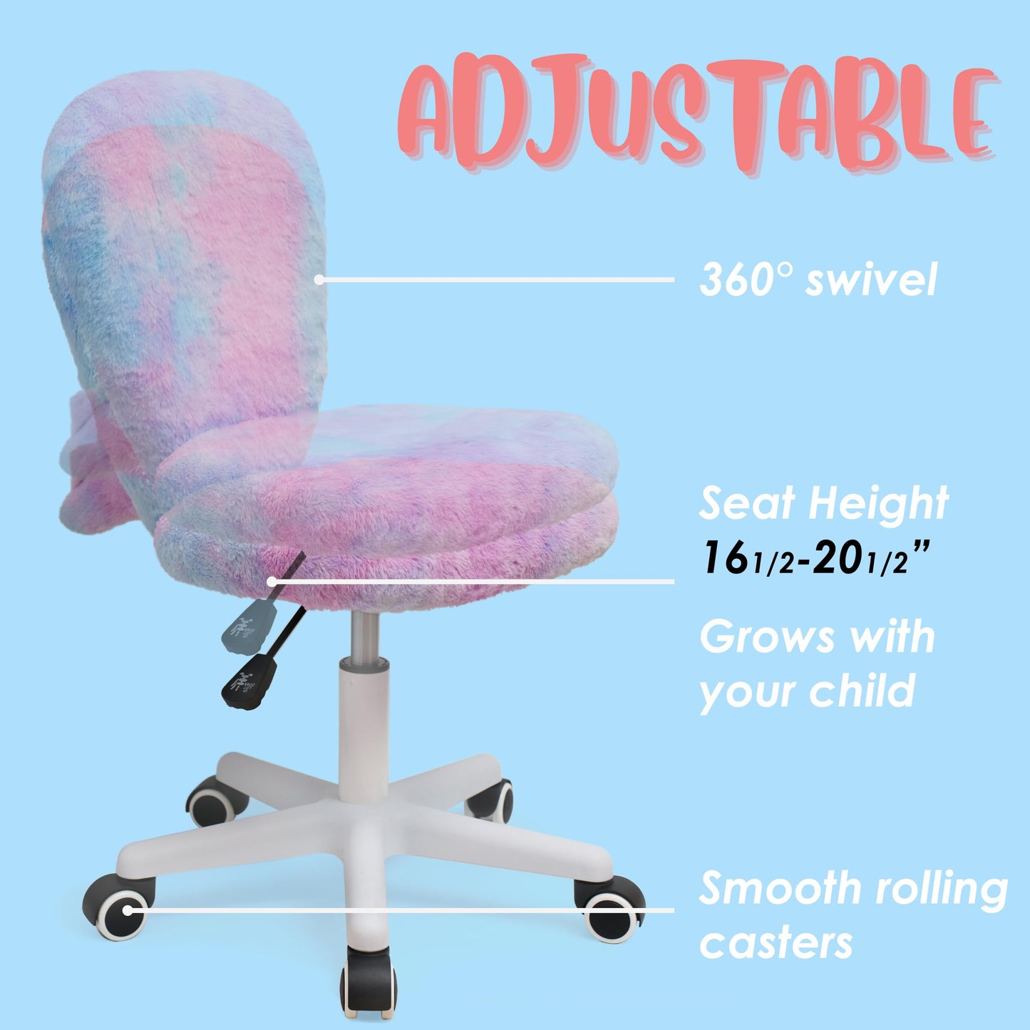 wangji TAILLA Fuzzy Kids Desk Chair, Small Comfy Armless Furry Faux Fur Swivel Chair for Tweens, with Detachable Animal Tail