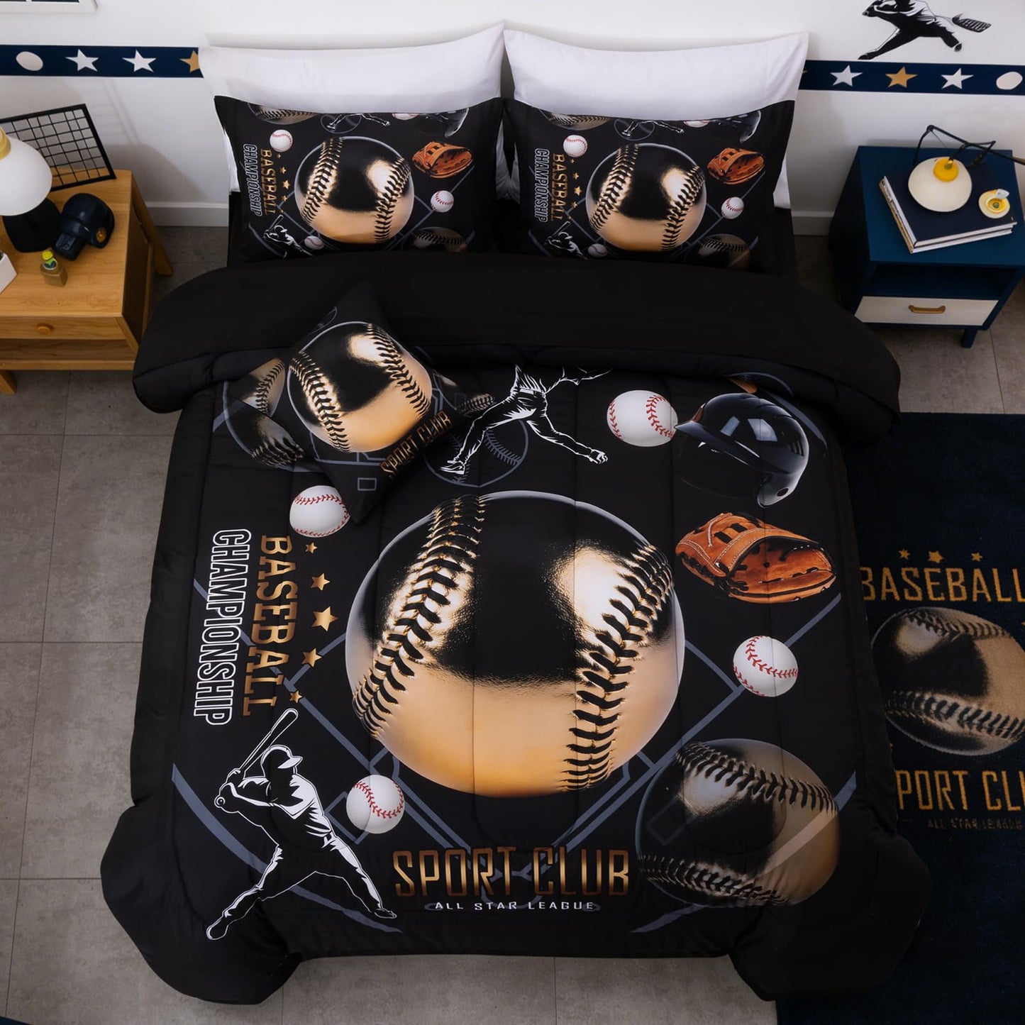 A Nice Night Baseball Printed Comforter Sets,with ‌Baseball Glove Player‌ Printing Twin 6Pcs Bedding Set in a Bag for Teen Boys