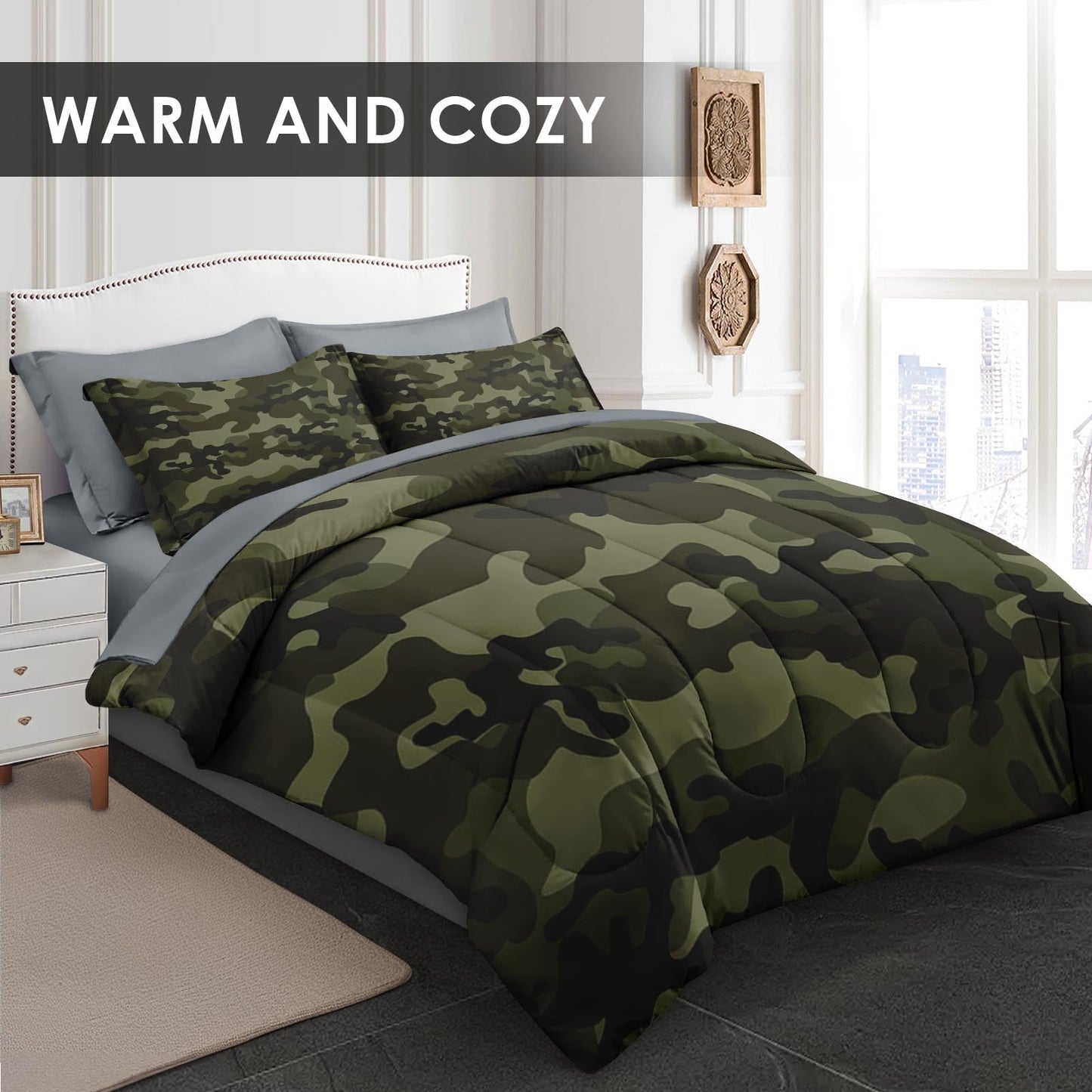 Pamnest Comforter Set Full Size, Army Camouflage Camo 7 Pcs Bedding for Kids and Adults, Military French Green Bed Sheet Sets with Fitted Sheet 2 Pillowcases & 2 Shams for Bedroom Bed Decor