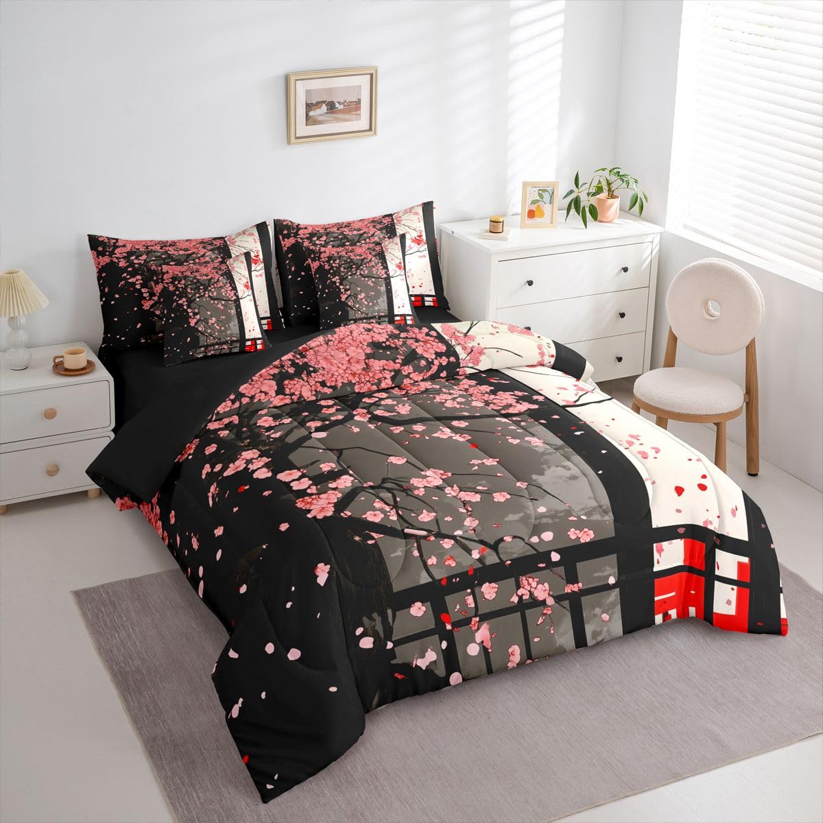 Erosebridal Japanese Style Cherry Blossom Twin Comforter Set with Sheets 7 Piece Pink Sakura Flowers Bed in A Bag Oriental Building View Bedding Sets for Kids Adults,Asian Art Bed Set