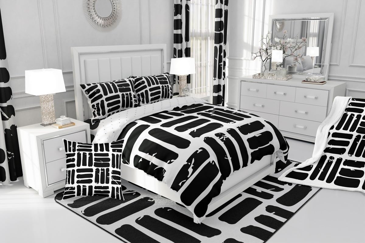 Feelyou Abstract Comforter Set Modern Abstract Art Bedding Set with 2 Pillow Cases White Black Microfiber Kids Full Bedclothes Luxury Bedroom Decor Geometric Duvet Quilt Breathable Soft Lightweight