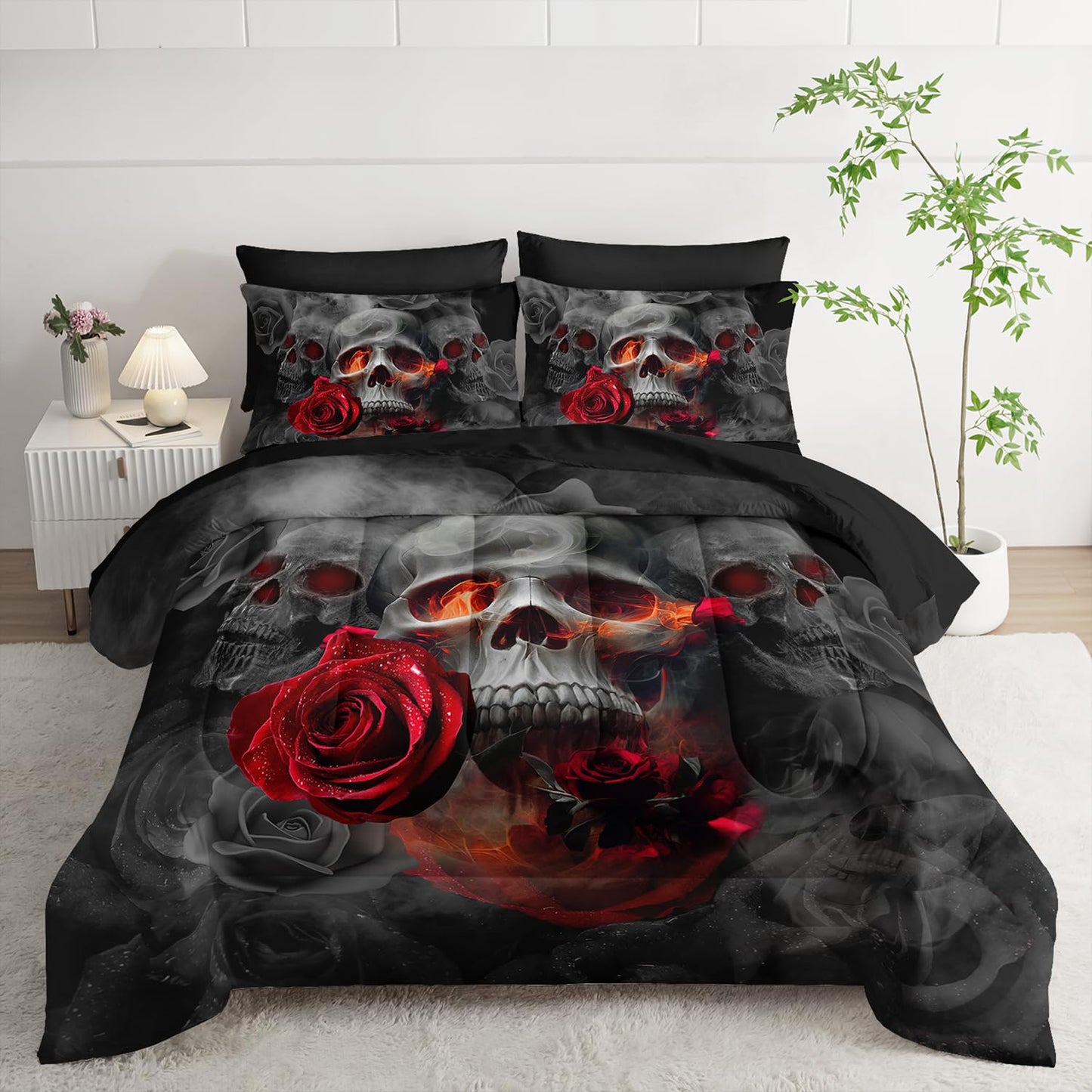 AILONEN Gothic Skull Comforter Set Full,7-Piece Romantic Rose Smoky Skull Bed in a Bag for Boys Girls Kids,Soft Comforter & Fitted Sheet with Flat Sheet & 2 Pillowcases,2 Pillow Shams for Bedroom