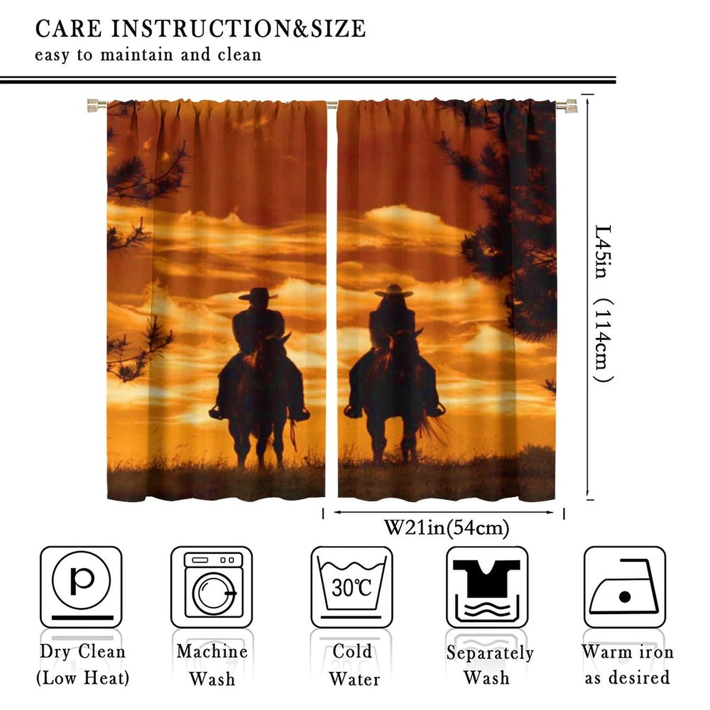 Kazynee Rustic Cowboy Blackout Curtains for Bedroom,Western Forest Sunset Country Cowboy Riding Horse Window Curtains Rod Pocket 2 Panels 45L x 21W