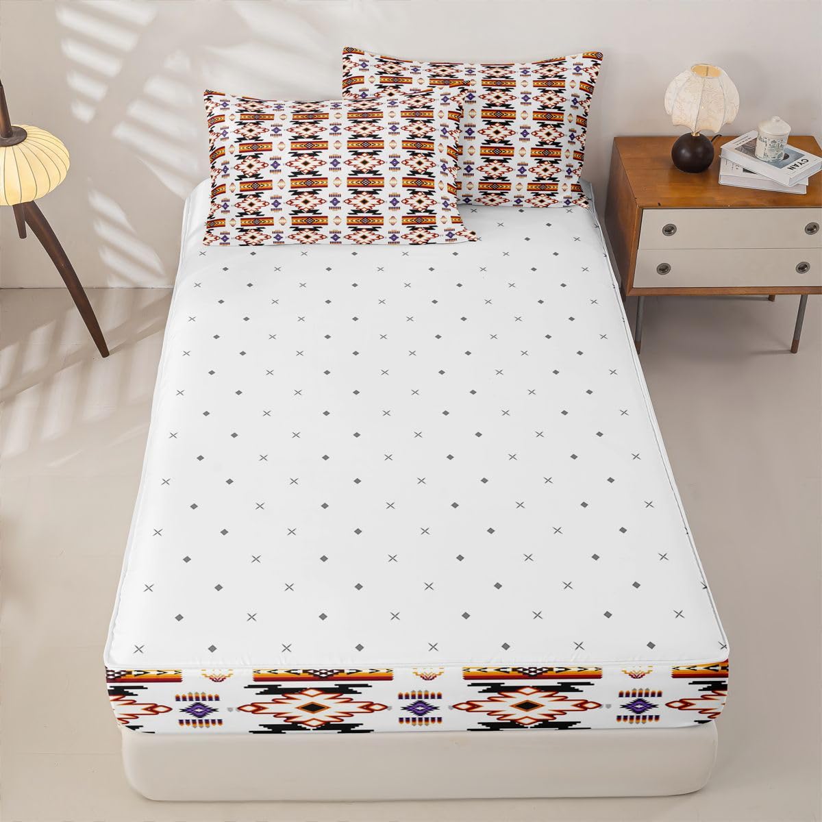 Erosebridal Western Aztec Zipper Bedding Queen Vintage Geometric Zip Up Bedding Set for Boys and Kids, Boho Western Bed in a Bag Native American Rustic Farmhouse Comforter Set with Sheets White