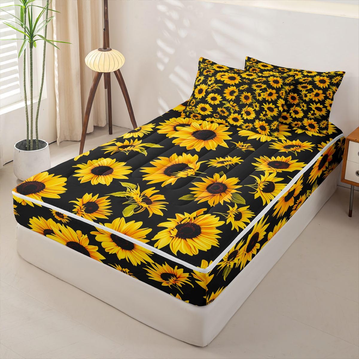 Feelyou Sunflower Comforter Set Queen Botanical Floral Zipper Bedding Set for Kids Boys Girls Yellow Sunflower Bed in a Bag Microfiber with 2 Pillow Cases