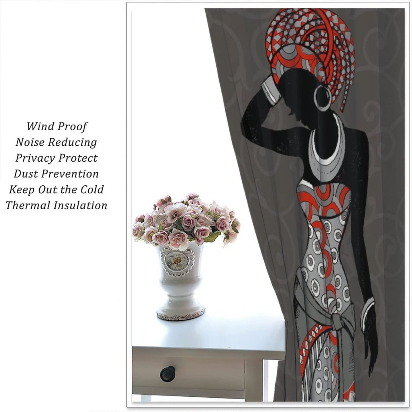 JESTRONRY Black Girl Window Curtains,African Woman Hand Drawn Tribal Ethnic Theme Room Darkening Door Window Rod Pocket Curtain for Living Room Bedroom Kitchen Bathroom Decor W42xL45in