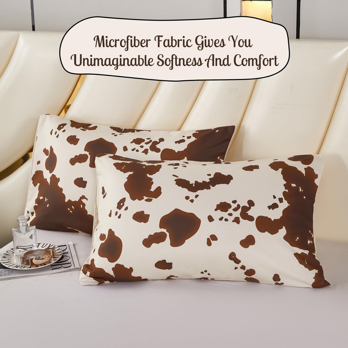 PERFEMET 3 Pieces Cow Print Queen Comforter Set, Brown and Beige Teens Boys Girls Bedding Set, Farmhouse Western Comforter Set for Queen Size Bed (Beige,Queen)