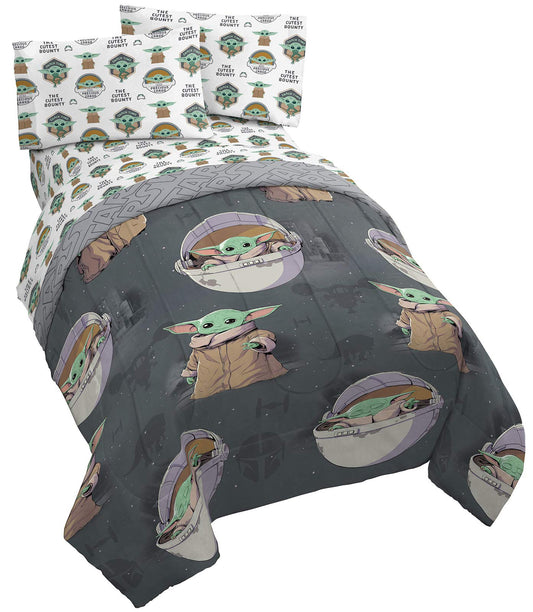 Jay Franco Star Wars The Mandalorian The Child 5 Piece Full Bed Set - Includes Reversible Comforter & Sheet Set - Bedding Features Baby Yoda - Super Soft Fade Resistant Microfiber
