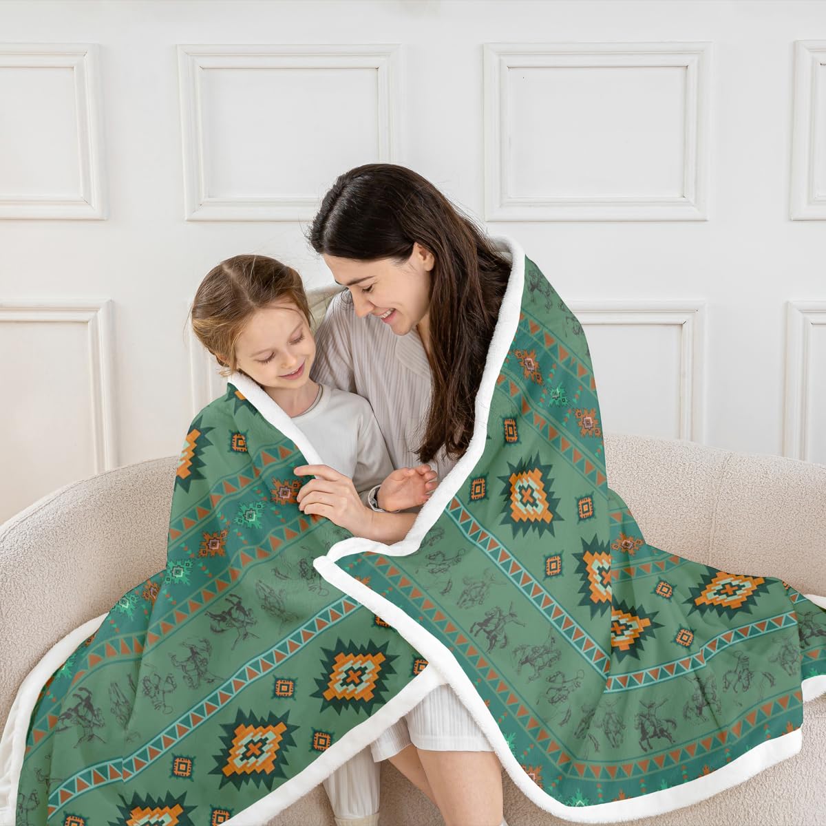 Feelyou Western Cowboy Throw Blanket Southwestern Aztec Pattern Fleece Sherpa Cozy Fuzzy Plush Warm Horse Riding Design Fuzzy Plush Throw Ranch Farmhouse 40"x50" Green Orange for Bed Couch Living Room