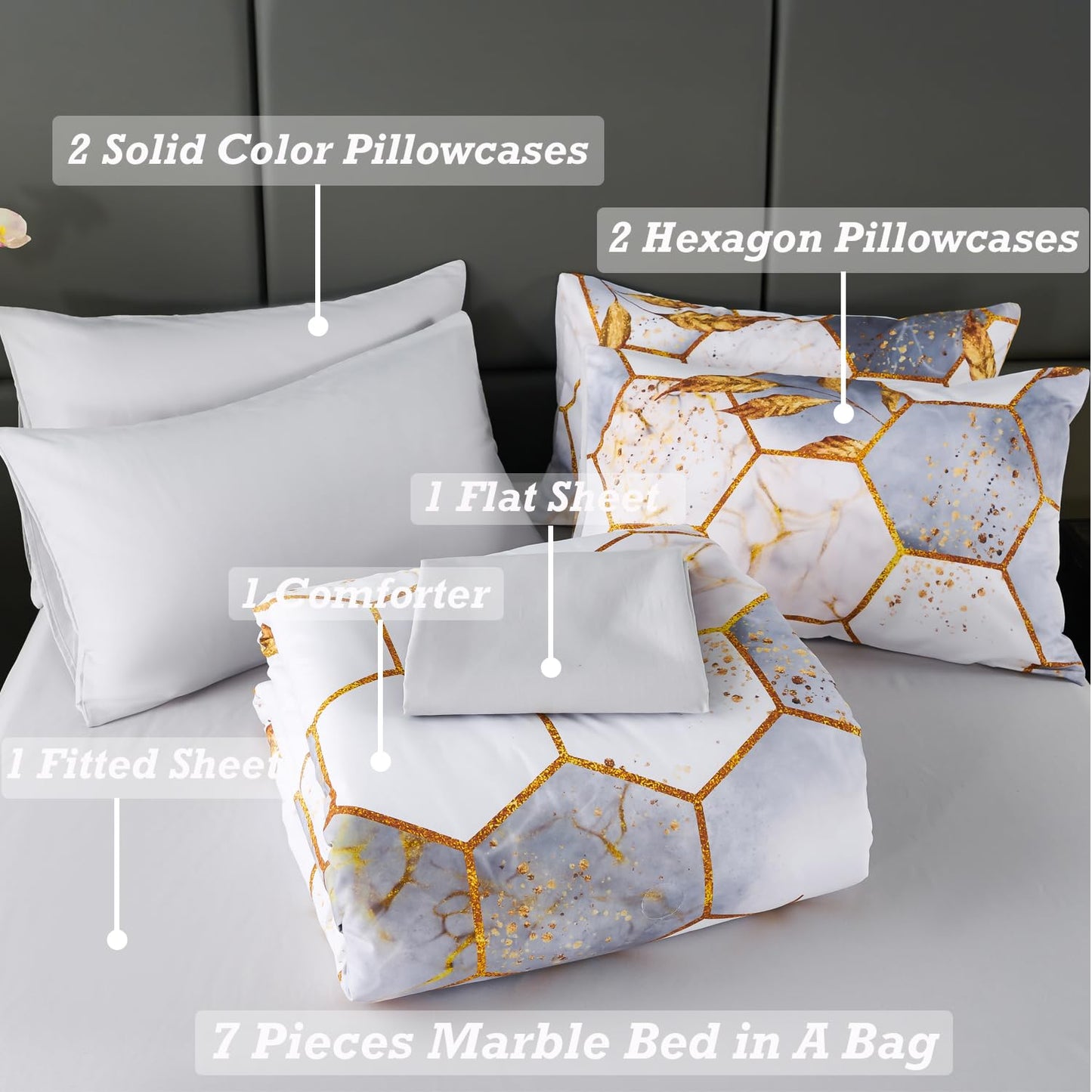 ANGIYUIN 7 Pieces White Gold Comforter Set Full Geometric Foil Print Bed Set Marble Hexagon Bedding Sets Ultra Soft Honeycomb Bed in A Bag for All Season (White Full)