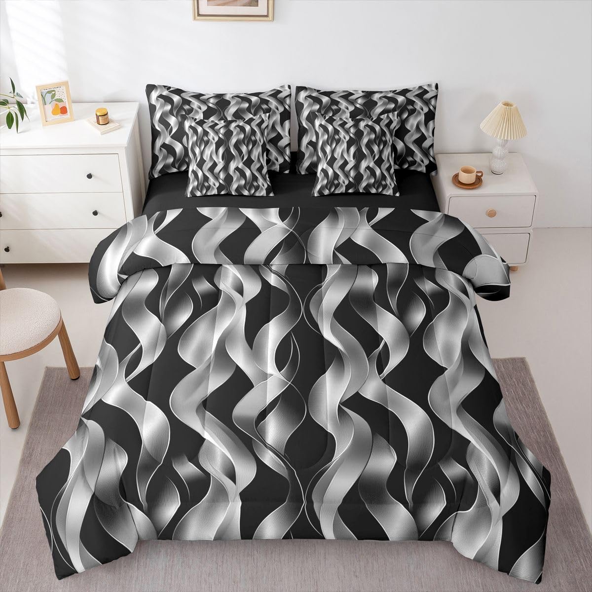 jejeloiu Modern Abstract Geometric Comforter Set with Sheets 7 Piece Full Size Geometric Spiral Pattern Bed in a Bag Kids Boys Girls Black Bedding Set Bedroom Decor Breathable Microfiber