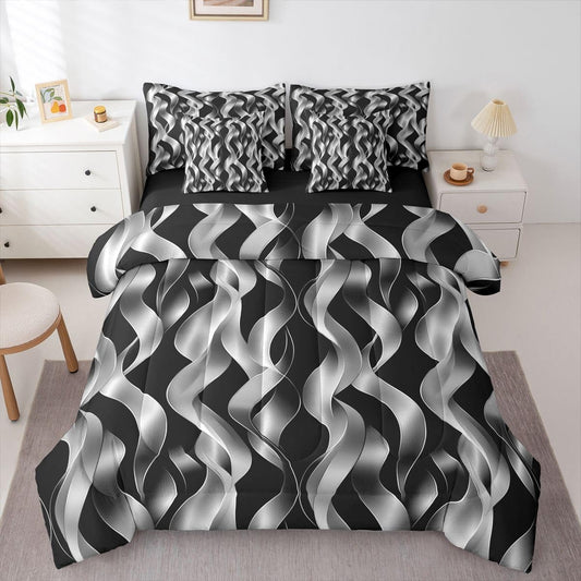 jejeloiu Modern Abstract Geometric Comforter Set with Sheets 7 Piece Full Size Geometric Spiral Pattern Bed in a Bag Kids Boys Girls Black Bedding Set Bedroom Decor Breathable Microfiber