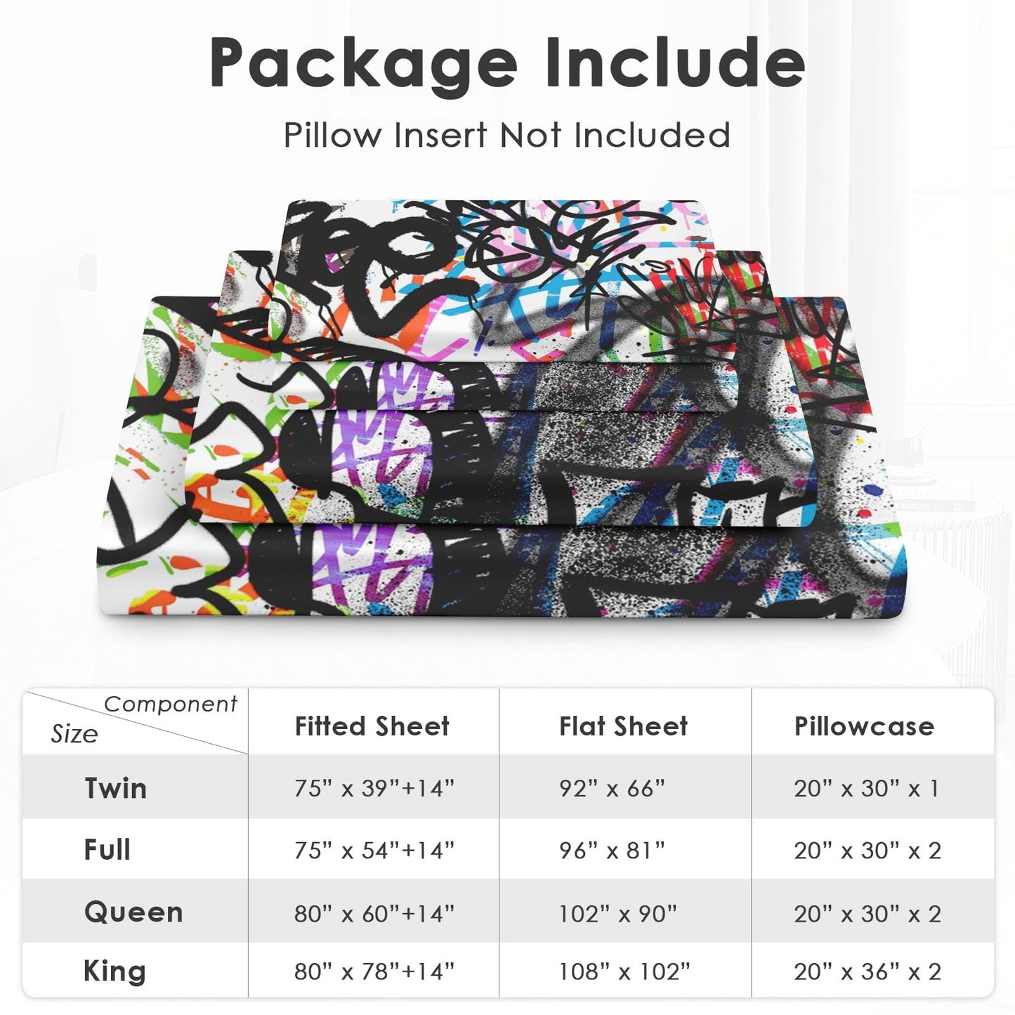 Pamnest Full Size Bed Sheet Sets, Urban Skateboard Soft Microfiber 4 Pcs Bedding Sets for Kids and Adults Bedroom Bed Decor, Music Abstract Graffiti Flat, Fitted Sheet and 2 Pillowcases